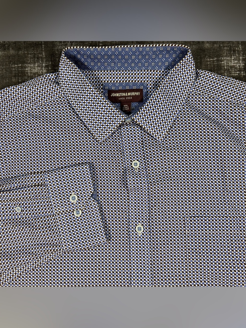 Johnston & Murphy Shirt Mens 2XL Blue Plaid Geometric Micro Weave Button Down